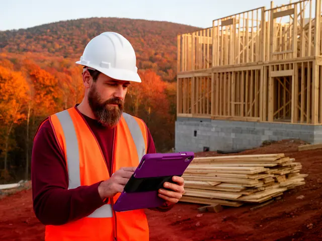 Bearded builder in a white hard hat and orange safety vest reviewing a tablet at a house framing site